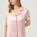 Pyjama en pure soie pour femme - Haut à manches courtes et pantalon long rose pâle