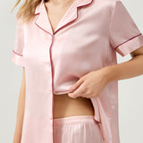 Pyjama en pure soie pour femme - Haut à manches courtes et pantalon long rose pâle