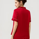 Damen-Pyjama-Set aus reiner Seide – kurzärmliges Oberteil und lange Hose in Burgunderrot