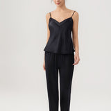 Damen-Set aus Camisole und Hose aus reiner Seide mit Rückenschnürung in Schwarz