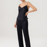 Damen-Set aus Camisole und Hose aus reiner Seide mit Rückenschnürung in Schwarz