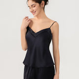 Damen-Set aus Camisole und Hose aus reiner Seide mit Rückenschnürung in Schwarz