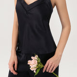 Damen-Set aus Camisole und Hose aus reiner Seide mit Rückenschnürung in Schwarz