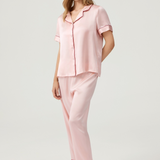 Pyjama en pure soie pour femme - Haut à manches courtes et pantalon long rose pâle