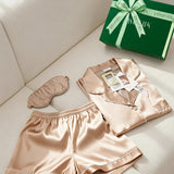 Luxury Silk Short-Sleeve Pajama Set & Eye Mask – 100% Mulberry Silk Gift for Her | Champagne