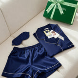 Luxury Silk Short-Sleeve Pajama Set & Eye Mask – 100% Mulberry Silk Gift for Her | Navy Blue