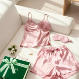 Luxury Silk Camisole Pajama Set & Eye Mask – 100% Mulberry Silk Christmas Gift for Her | Pale Pink