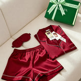 Luxury Silk Short-Sleeve Pajama Set & Eye Mask – 100% Mulberry Silk Gift for Her | Burgundy Red