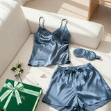 Luxury Silk Camisole Pajama Set & Eye Mask – 100% Mulberry Silk Christmas Gift for Her | Grayish Blue