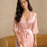 100% Silk V Neck Lace Slip Dress & Robe Set In Pale Pink