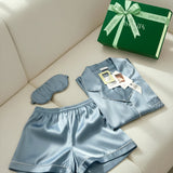 Luxury Silk Short-Sleeve Pajama Set & Eye Mask – 100% Mulberry Silk Gift for Her | Haze Blue